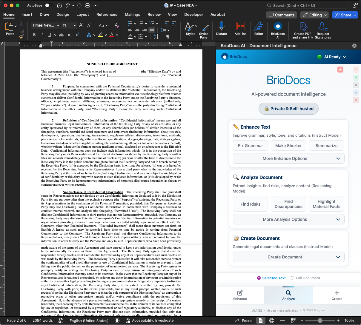 BrioDocs Word Add-in Interface